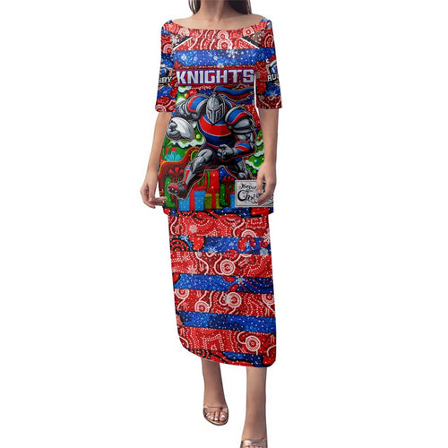 Custom Knights Rugby Merry Christmas Family Matching Puletasi and Hawaiian Shirt Indigenous Australian Art