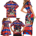 Custom Knights Rugby Merry Christmas Family Matching Short Sleeve Bodycon Dress and Hawaiian Shirt Indigenous Australian Art