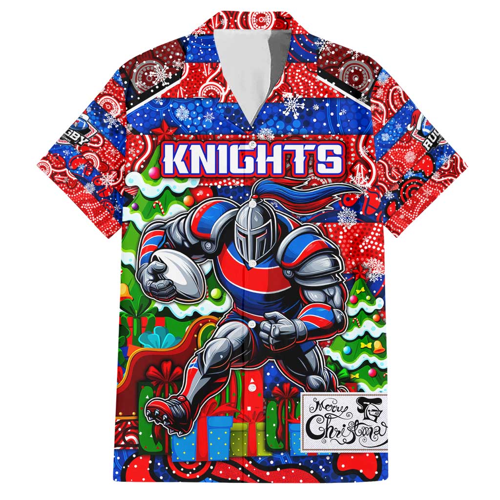 Custom Knights Rugby Merry Christmas Family Matching Short Sleeve Bodycon Dress and Hawaiian Shirt Indigenous Australian Art