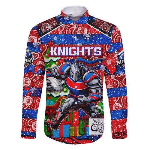 Custom Knights Rugby Merry Christmas Family Matching Short Sleeve Bodycon Dress and Hawaiian Shirt Indigenous Australian Art
