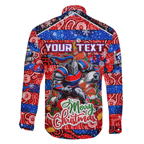 Custom Knights Rugby Merry Christmas Family Matching Short Sleeve Bodycon Dress and Hawaiian Shirt Indigenous Australian Art