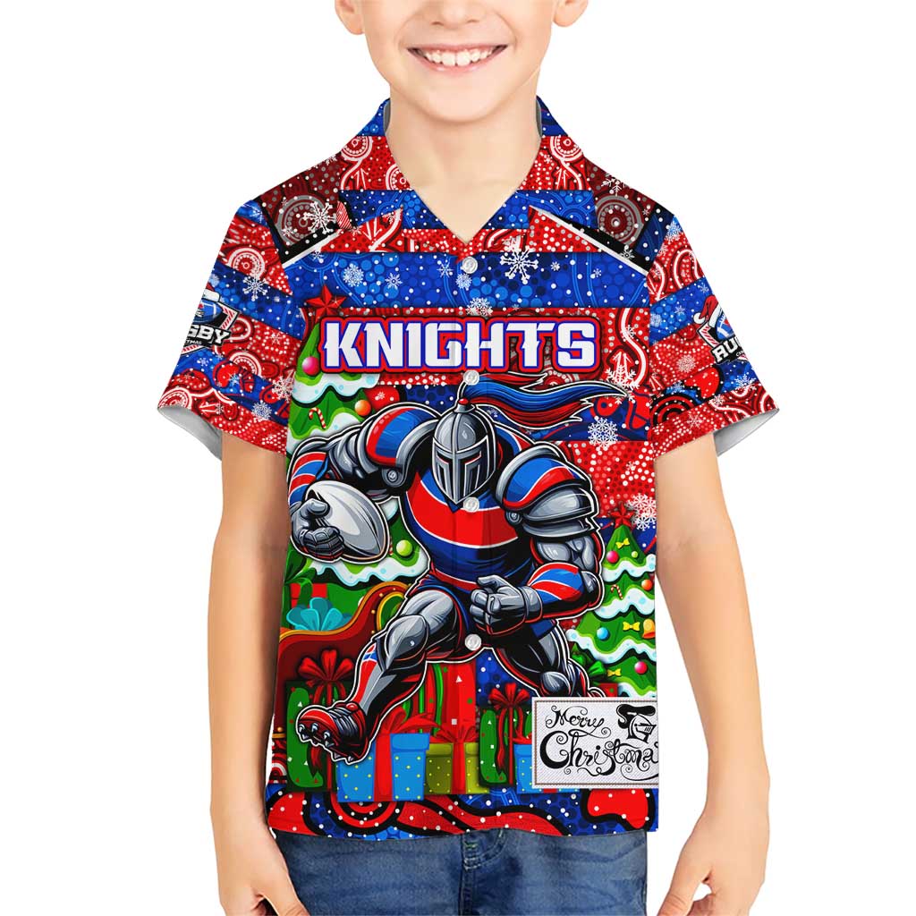 Custom Knights Rugby Merry Christmas Family Matching Short Sleeve Bodycon Dress and Hawaiian Shirt Indigenous Australian Art