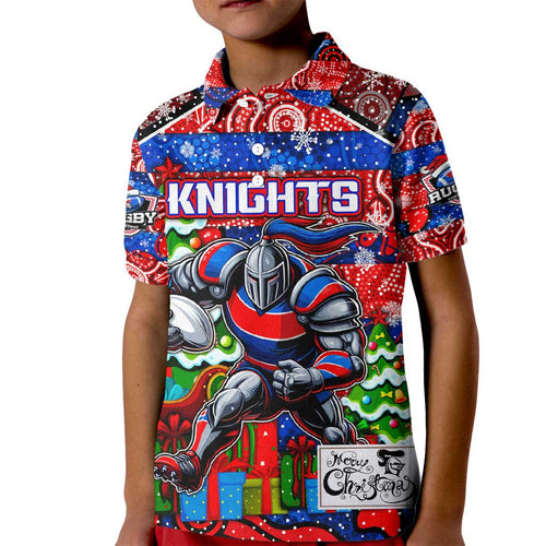 Custom Knights Rugby Merry Christmas Kid Polo Shirt Indigenous Australian Art