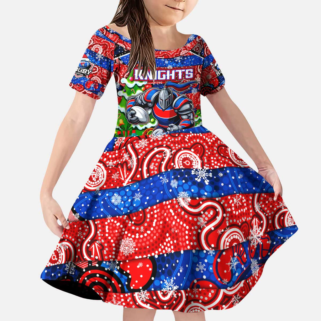 Custom Knights Rugby Merry Christmas Kid Short Sleeve Dress Indigenous Australian Art