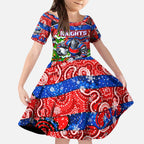 Custom Knights Rugby Merry Christmas Kid Short Sleeve Dress Indigenous Australian Art