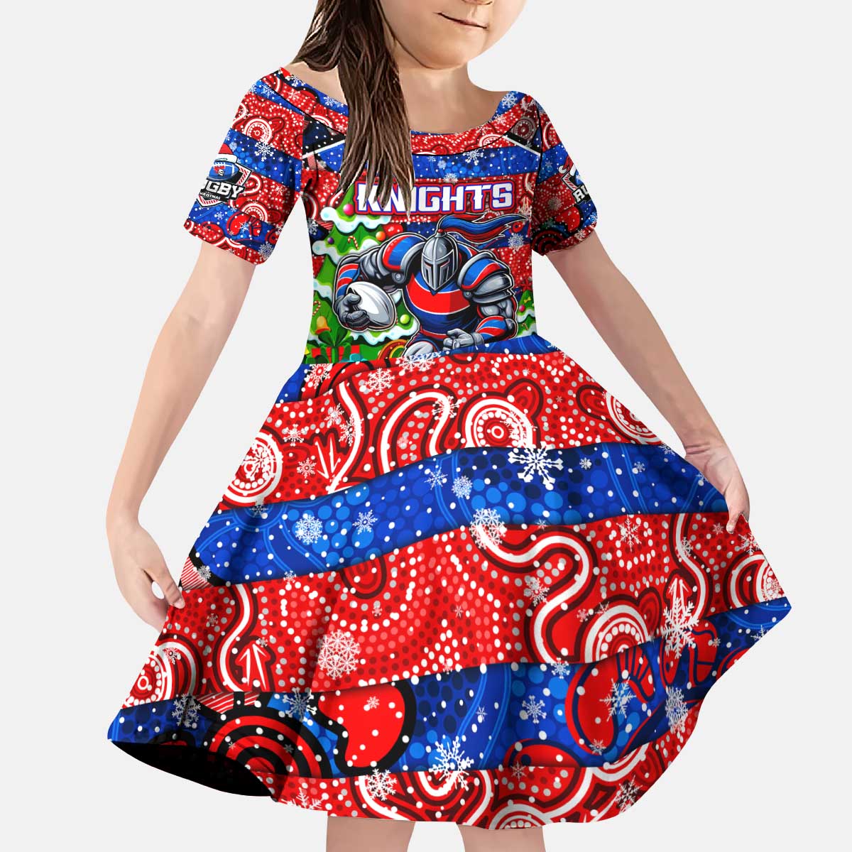 Custom Knights Rugby Merry Christmas Kid Short Sleeve Dress Indigenous Australian Art