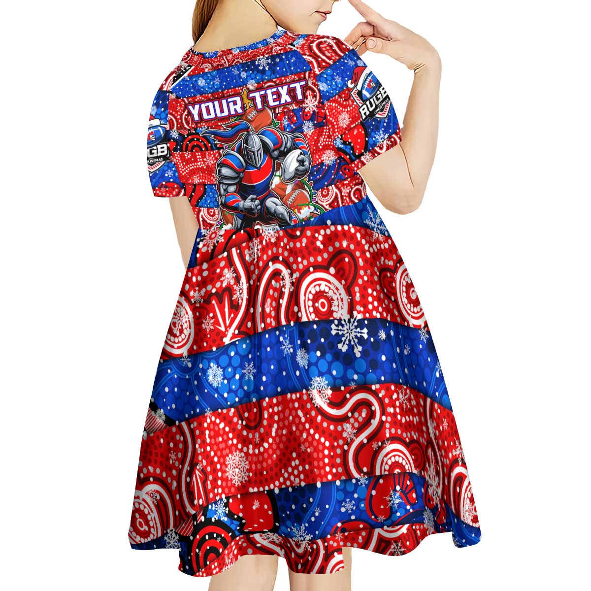 Custom Knights Rugby Merry Christmas Kid Short Sleeve Dress Indigenous Australian Art