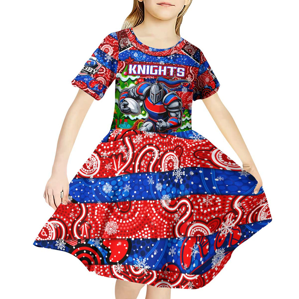 Custom Knights Rugby Merry Christmas Kid Short Sleeve Dress Indigenous Australian Art