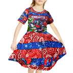 Custom Knights Rugby Merry Christmas Kid Short Sleeve Dress Indigenous Australian Art