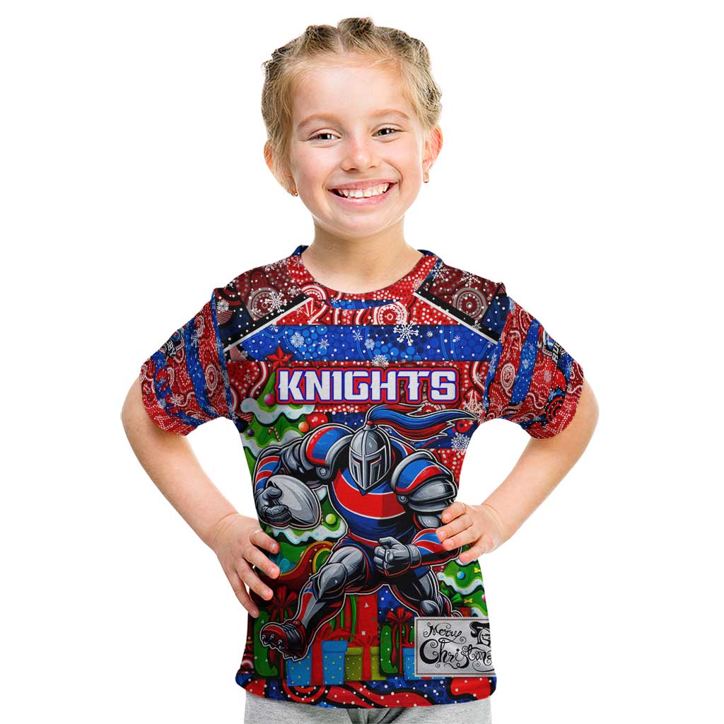 Custom Knights Rugby Merry Christmas Kid T Shirt Indigenous Australian Art