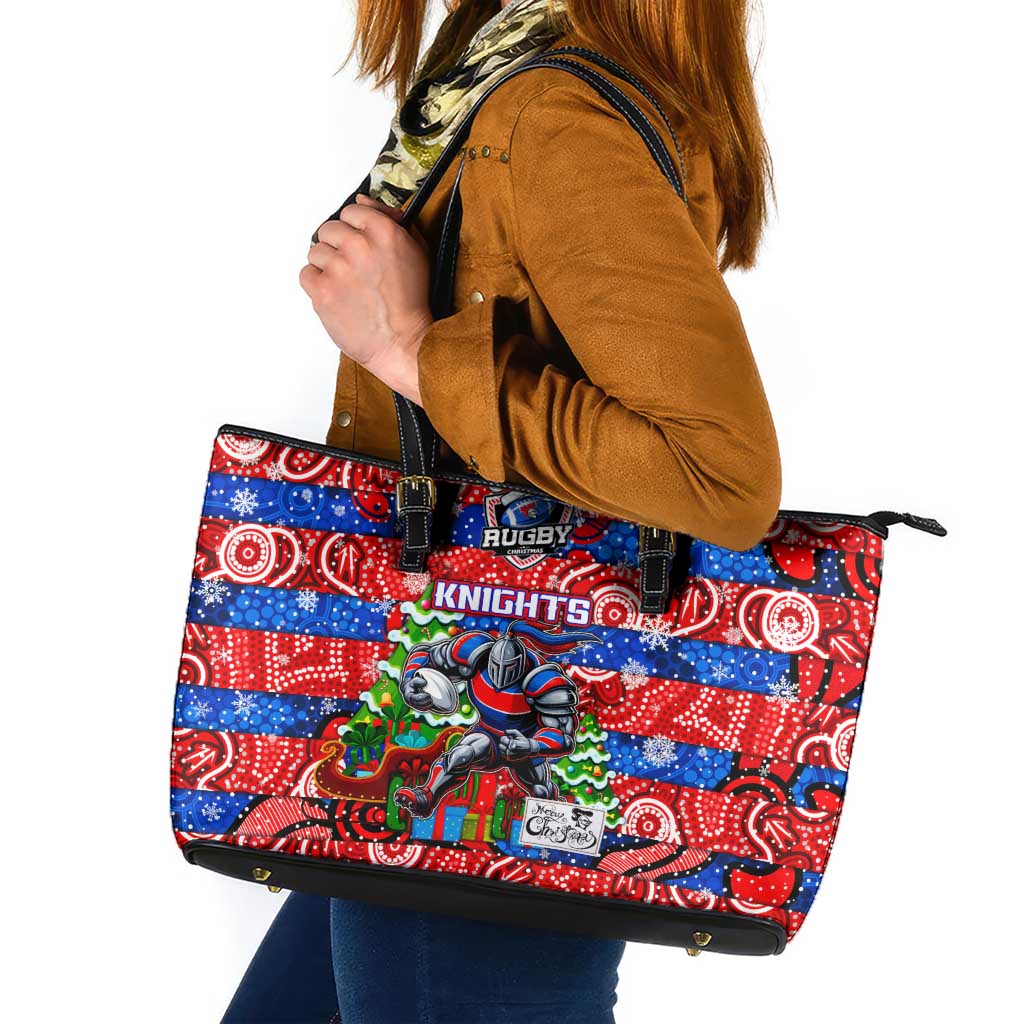 Knights Rugby Merry Christmas Leather Tote Bag Indigenous Australian Art