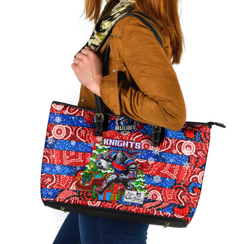 Knights Rugby Merry Christmas Leather Tote Bag Indigenous Australian Art