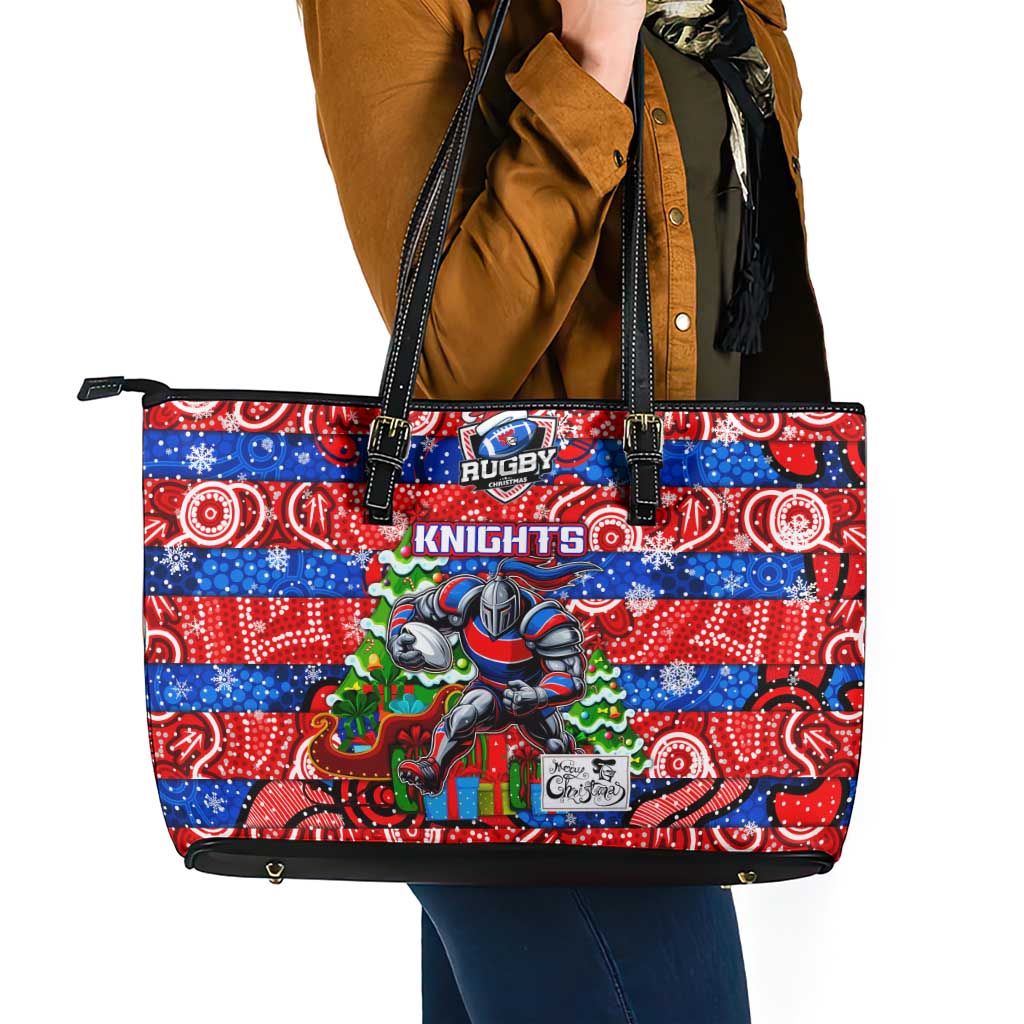 Knights Rugby Merry Christmas Leather Tote Bag Indigenous Australian Art
