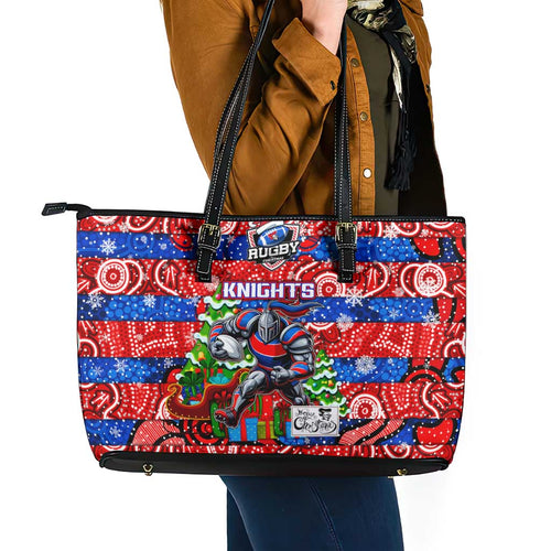 Knights Rugby Merry Christmas Leather Tote Bag Indigenous Australian Art
