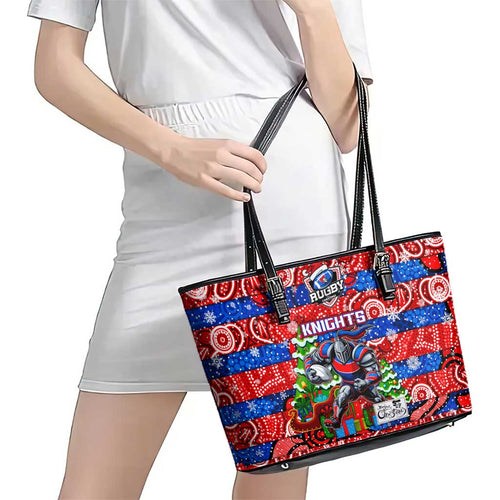 Knights Rugby Merry Christmas Leather Tote Bag Indigenous Australian Art