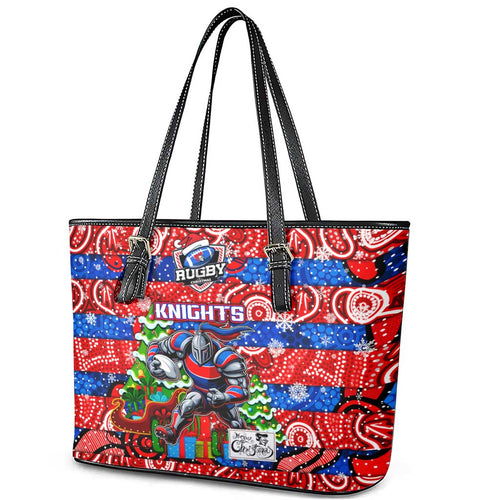 Knights Rugby Merry Christmas Leather Tote Bag Indigenous Australian Art