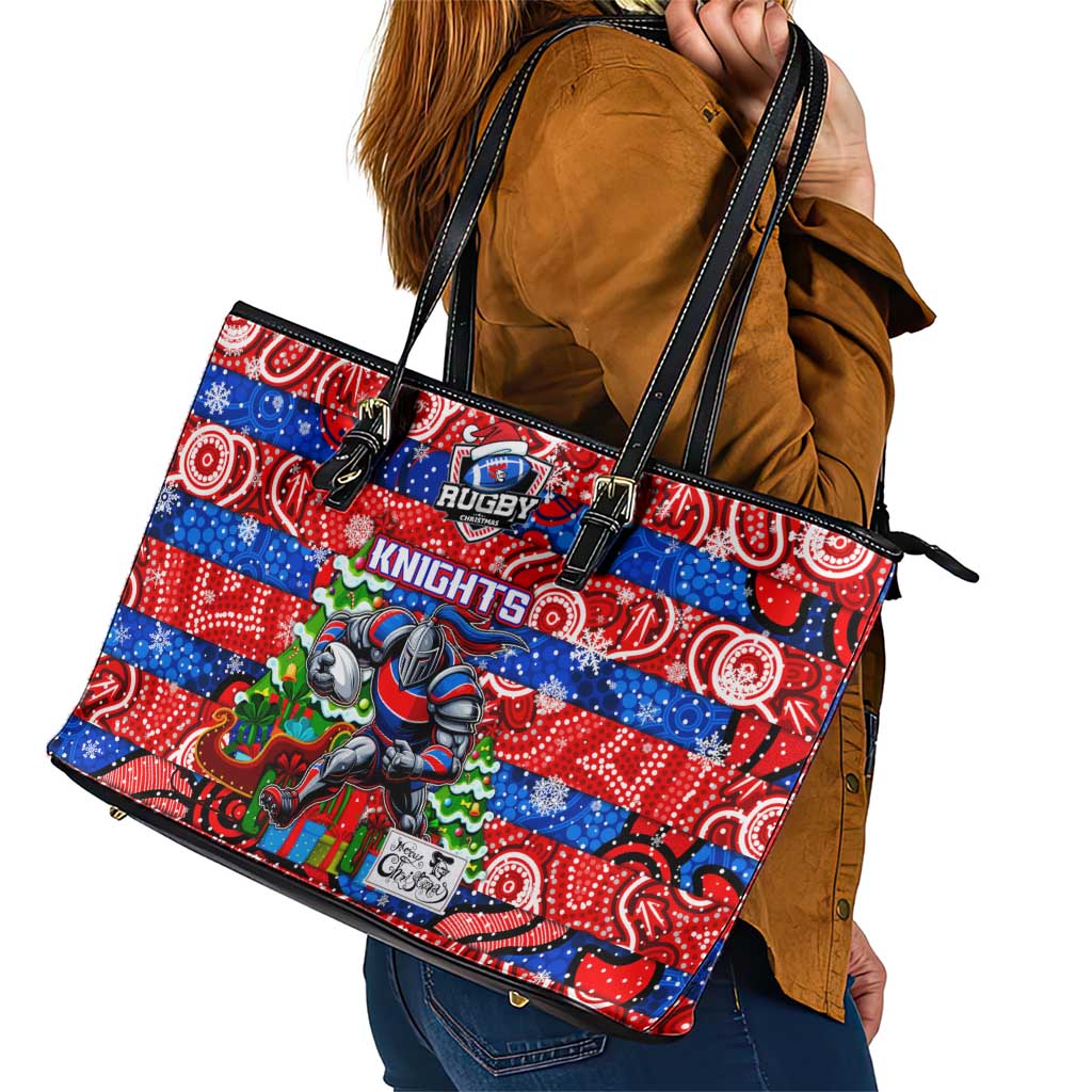 Knights Rugby Merry Christmas Leather Tote Bag Indigenous Australian Art