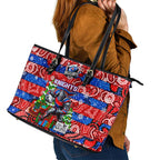 Knights Rugby Merry Christmas Leather Tote Bag Indigenous Australian Art