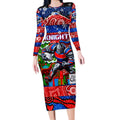 Custom Knights Rugby Merry Christmas Long Sleeve Bodycon Dress Indigenous Australian Art