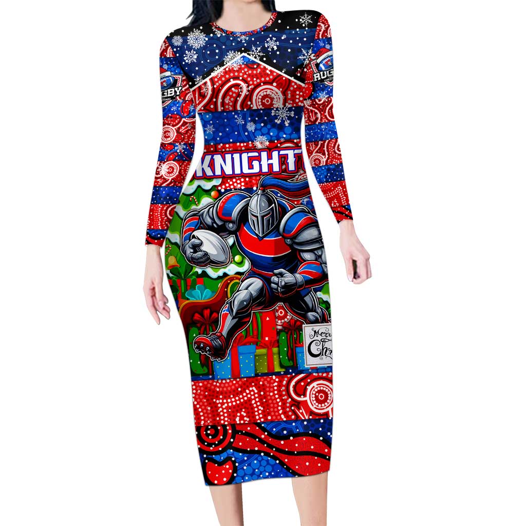 Custom Knights Rugby Merry Christmas Long Sleeve Bodycon Dress Indigenous Australian Art