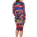 Custom Knights Rugby Merry Christmas Long Sleeve Bodycon Dress Indigenous Australian Art