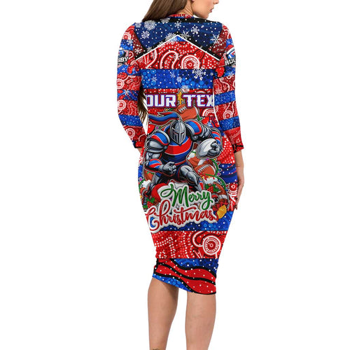 Custom Knights Rugby Merry Christmas Long Sleeve Bodycon Dress Indigenous Australian Art
