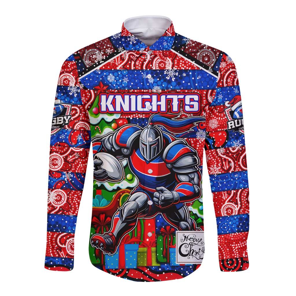 Custom Knights Rugby Merry Christmas Long Sleeve Button Shirt Indigenous Australian Art