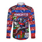 Custom Knights Rugby Merry Christmas Long Sleeve Button Shirt Indigenous Australian Art