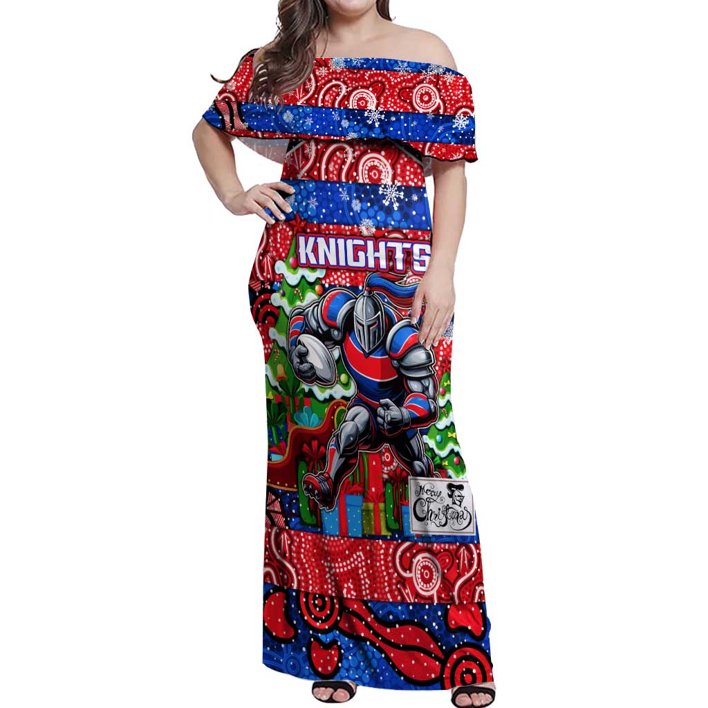Custom Knights Rugby Merry Christmas Off Shoulder Maxi Dress Indigenous Australian Art