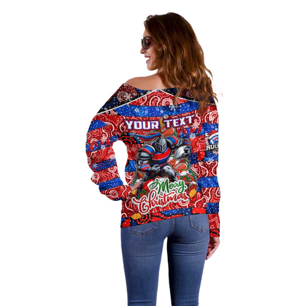 Custom Knights Rugby Merry Christmas Off Shoulder Sweater Indigenous Australian Art