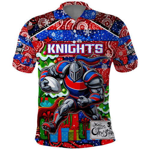 Custom Knights Rugby Merry Christmas Polo Shirt Indigenous Australian Art