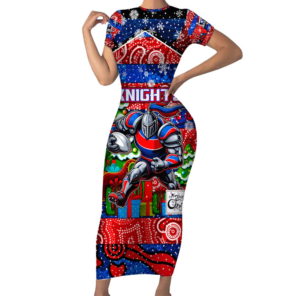 Custom Knights Rugby Merry Christmas Short Sleeve Bodycon Dress Indigenous Australian Art