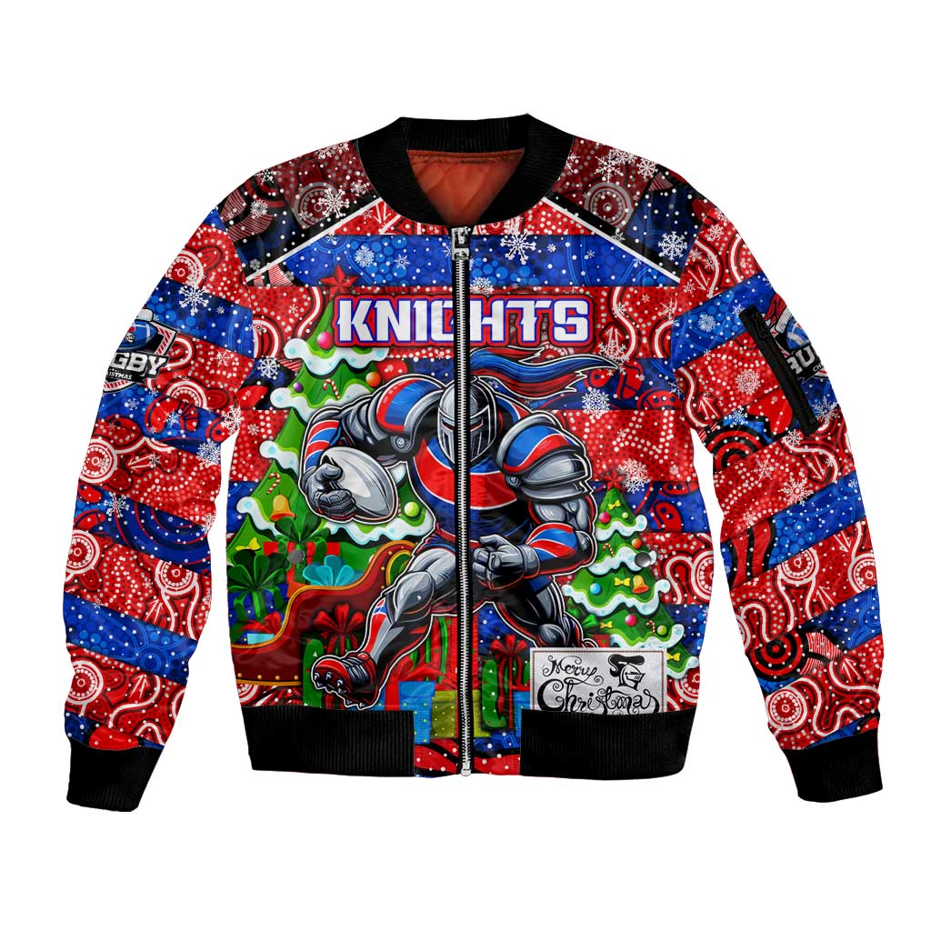 Custom Knights Rugby Merry Christmas Sleeve Zip Bomber Jacket Indigenous Australian Art
