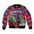 Custom Knights Rugby Merry Christmas Sleeve Zip Bomber Jacket Indigenous Australian Art