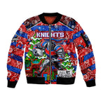 Custom Knights Rugby Merry Christmas Sleeve Zip Bomber Jacket Indigenous Australian Art
