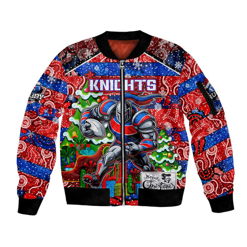 Custom Knights Rugby Merry Christmas Sleeve Zip Bomber Jacket Indigenous Australian Art