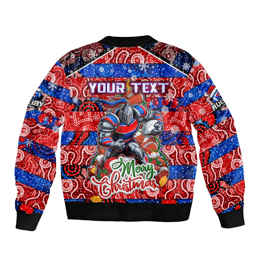 Custom Knights Rugby Merry Christmas Sleeve Zip Bomber Jacket Indigenous Australian Art