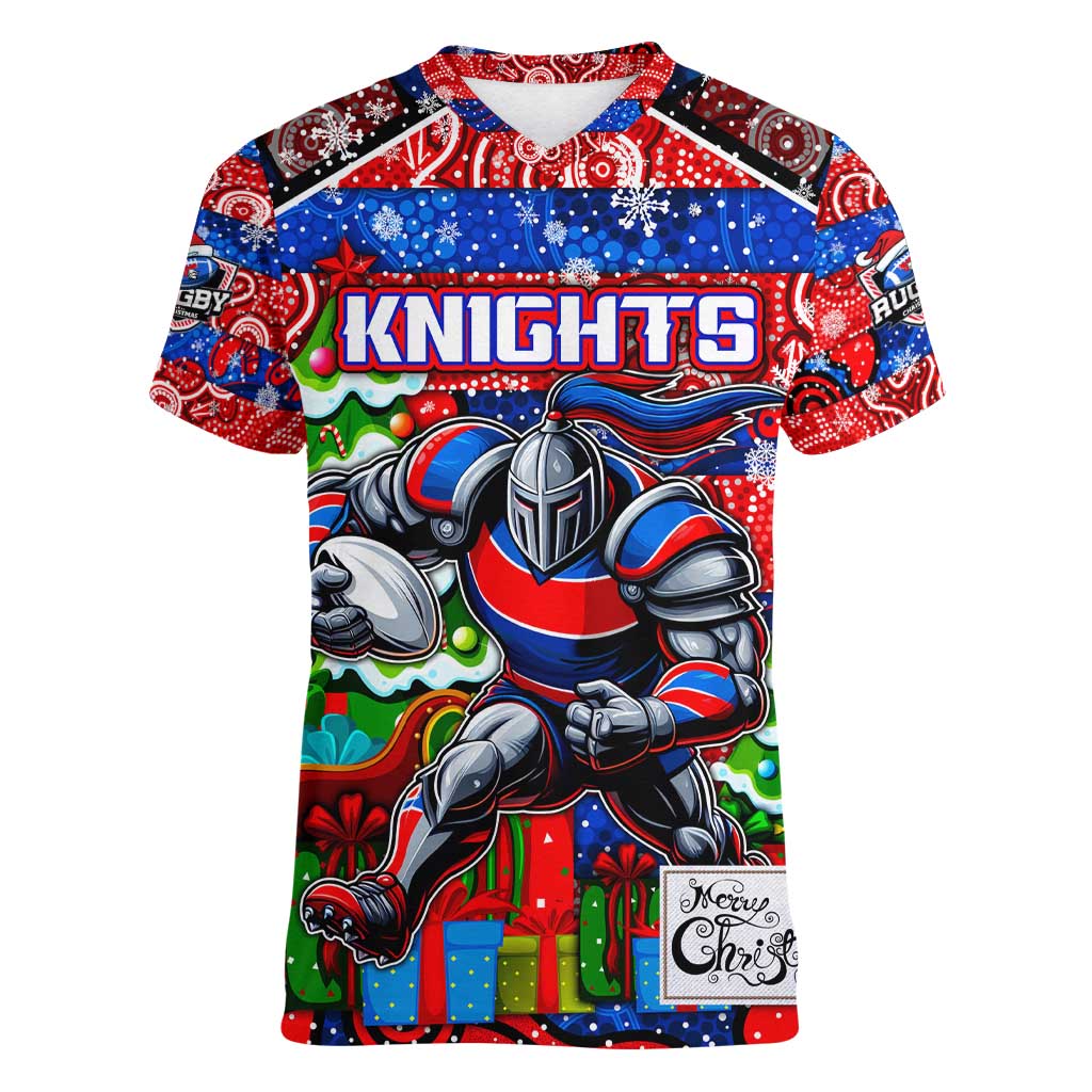 Custom Knights Rugby Merry Christmas Women V-Neck T-Shirt Indigenous Australian Art