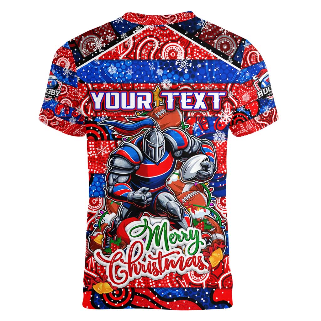 Custom Knights Rugby Merry Christmas Women V-Neck T-Shirt Indigenous Australian Art