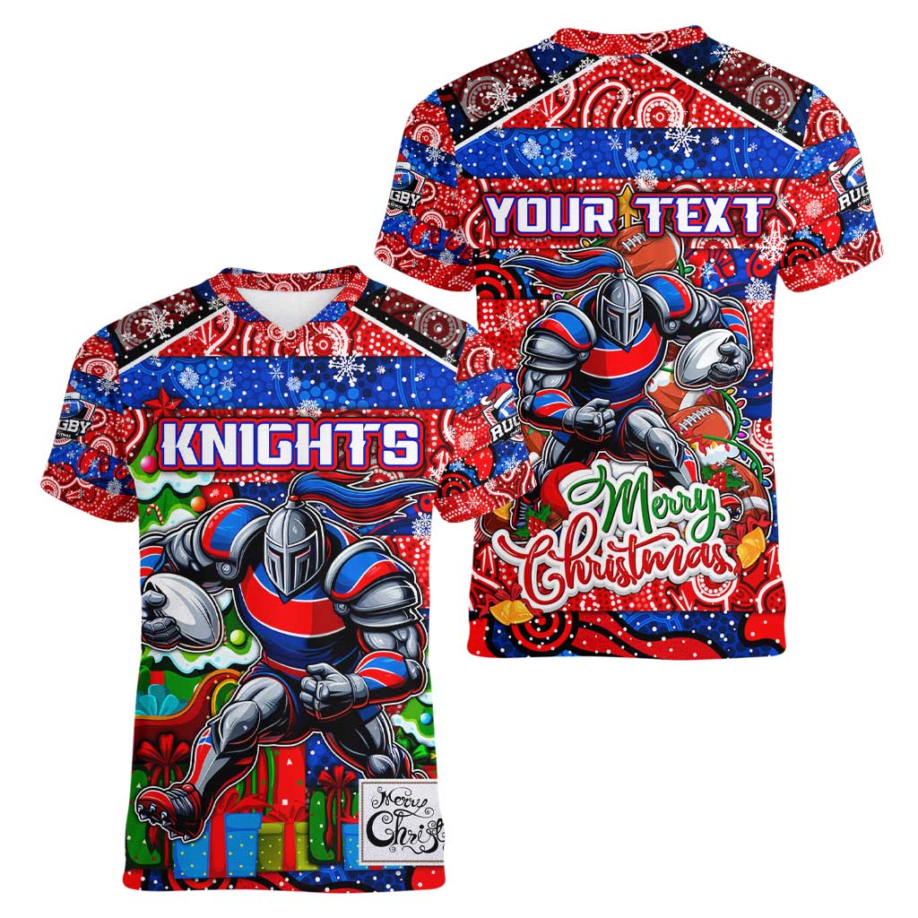 Custom Knights Rugby Merry Christmas Women V-Neck T-Shirt Indigenous Australian Art
