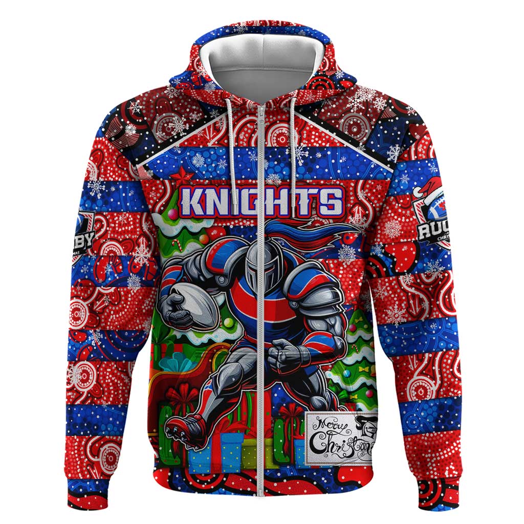 Custom Knights Rugby Merry Christmas Zip Hoodie Indigenous Australian Art