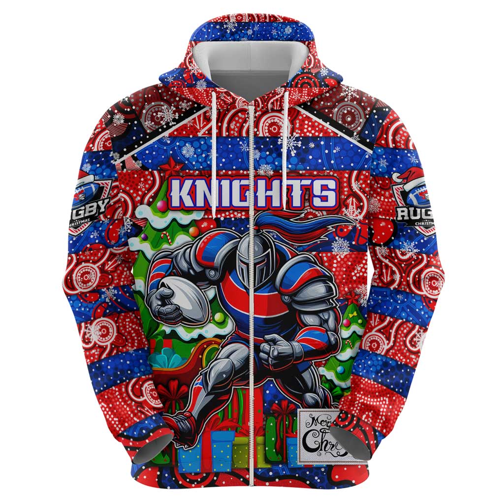 Custom Knights Rugby Merry Christmas Zip Hoodie Indigenous Australian Art