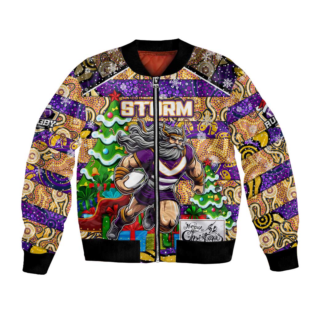 Custom Storm Rugby Merry Christmas Bomber Jacket Indigenous Australian Art
