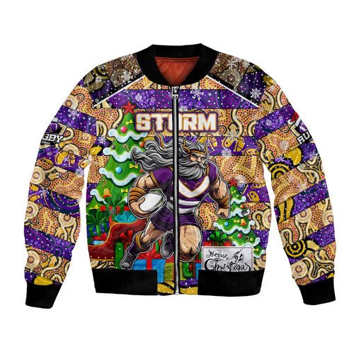 Custom Storm Rugby Merry Christmas Bomber Jacket Indigenous Australian Art