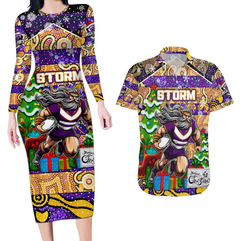 Custom Storm Rugby Merry Christmas Couples Matching Long Sleeve Bodycon Dress and Hawaiian Shirt Indigenous Australian Art