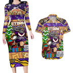 Custom Storm Rugby Merry Christmas Couples Matching Long Sleeve Bodycon Dress and Hawaiian Shirt Indigenous Australian Art