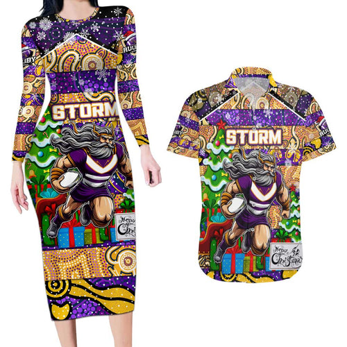 Custom Storm Rugby Merry Christmas Couples Matching Long Sleeve Bodycon Dress and Hawaiian Shirt Indigenous Australian Art