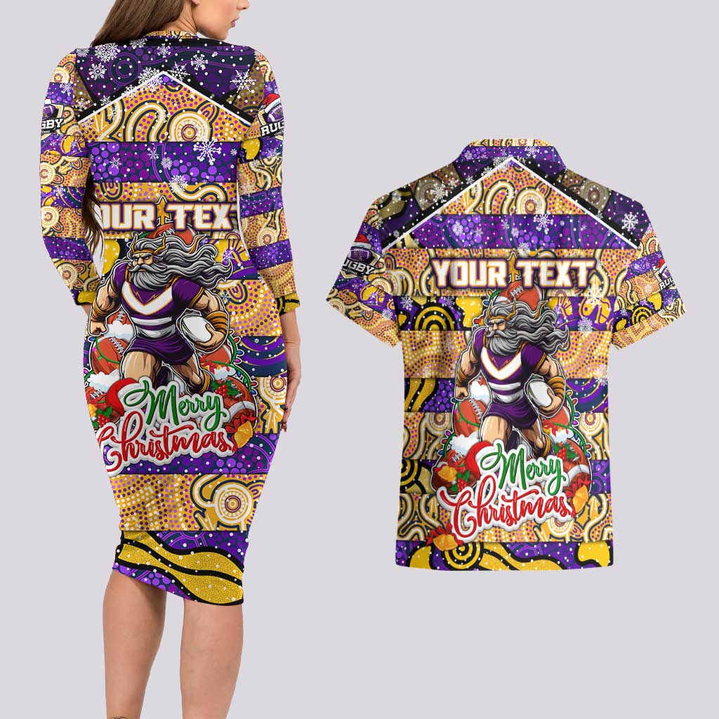 Custom Storm Rugby Merry Christmas Couples Matching Long Sleeve Bodycon Dress and Hawaiian Shirt Indigenous Australian Art