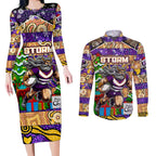 Custom Storm Rugby Merry Christmas Couples Matching Long Sleeve Bodycon Dress and Long Sleeve Button Shirt Indigenous Australian Art