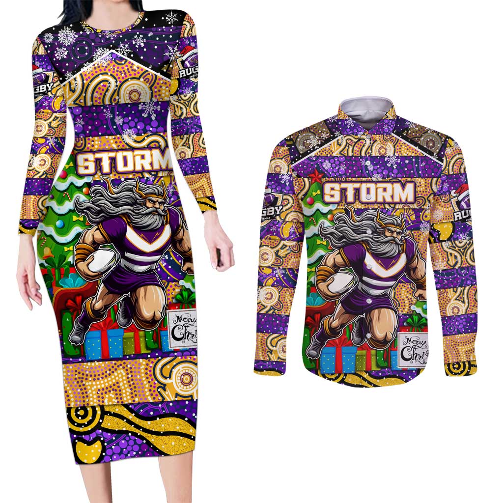 Custom Storm Rugby Merry Christmas Couples Matching Long Sleeve Bodycon Dress and Long Sleeve Button Shirt Indigenous Australian Art